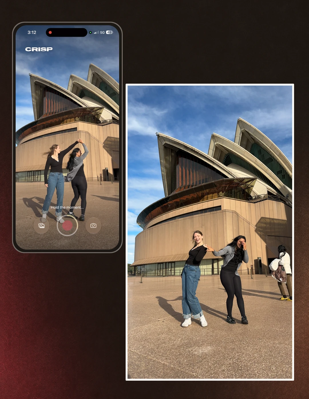 CRISP Cam recording two friends dancing outside the Sydney Opera House, beside the photo it picked from that video