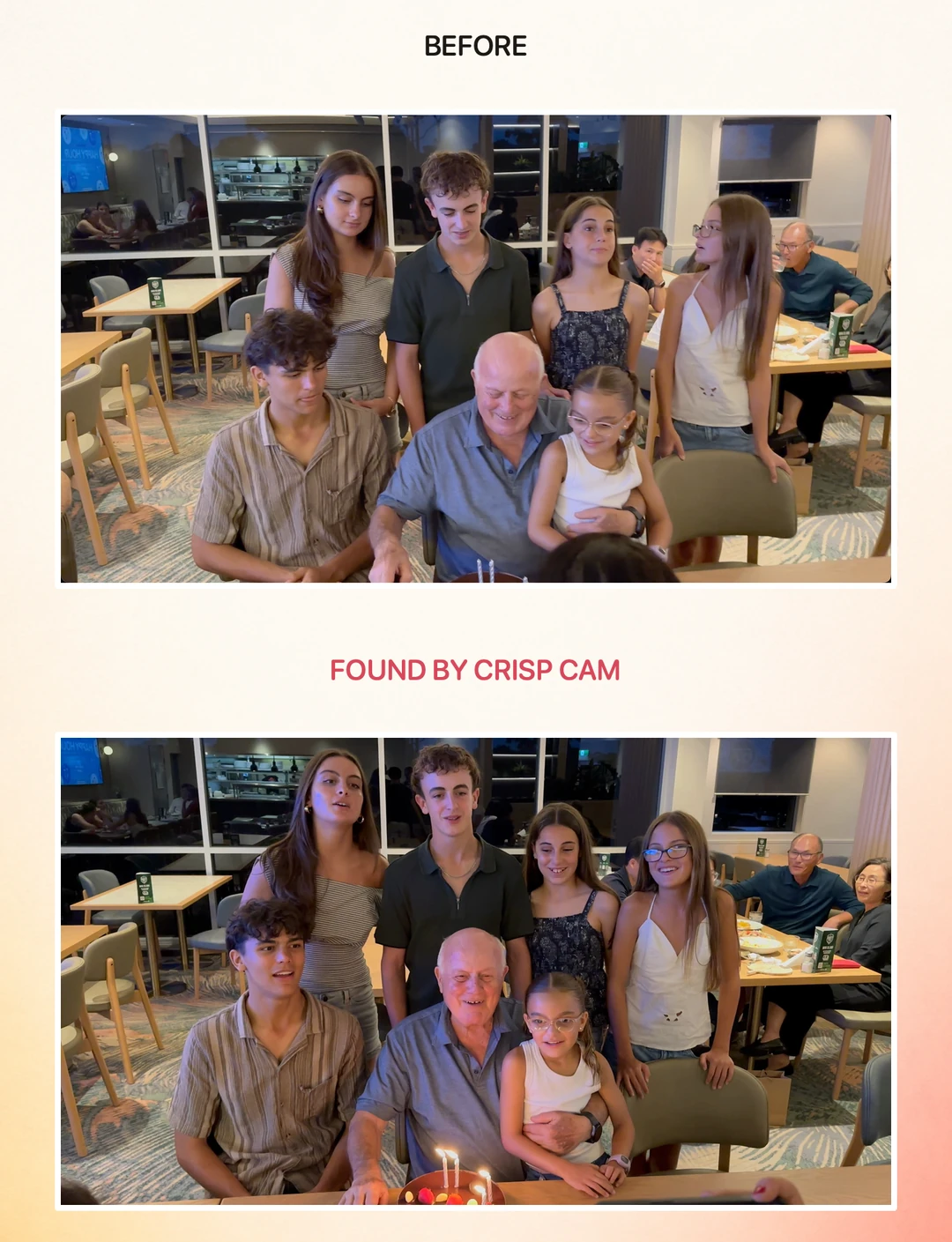 Before: a frame from a family birthday video with people mid-movement and looking away. Found by CRISP Cam: a frame from the same video with the family smiling at the camera.